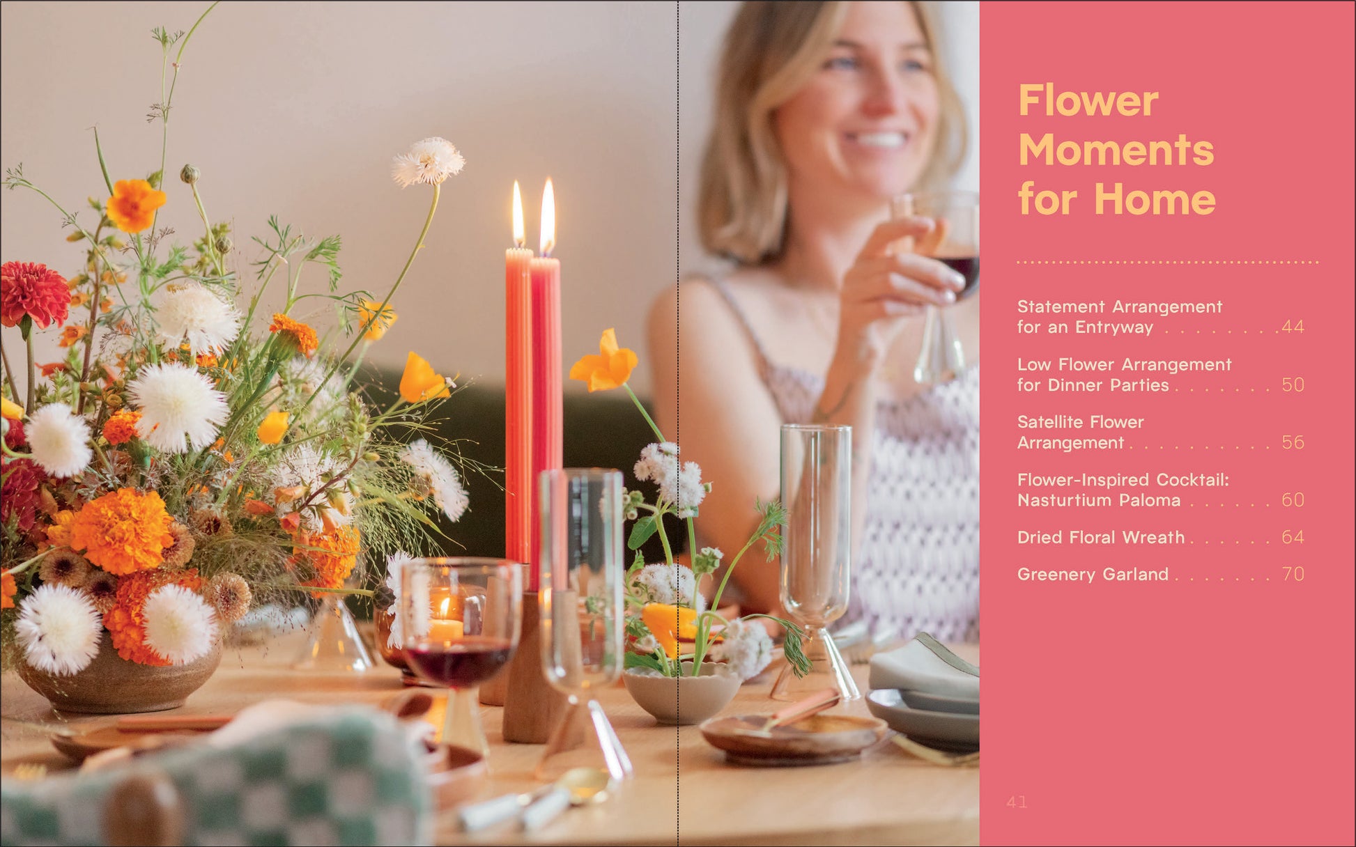 Table setting with flowers, candles, and glasses next to author Natalie Gill holding a drink, with a pink sidebar titled 'Flower Moments for Home'.