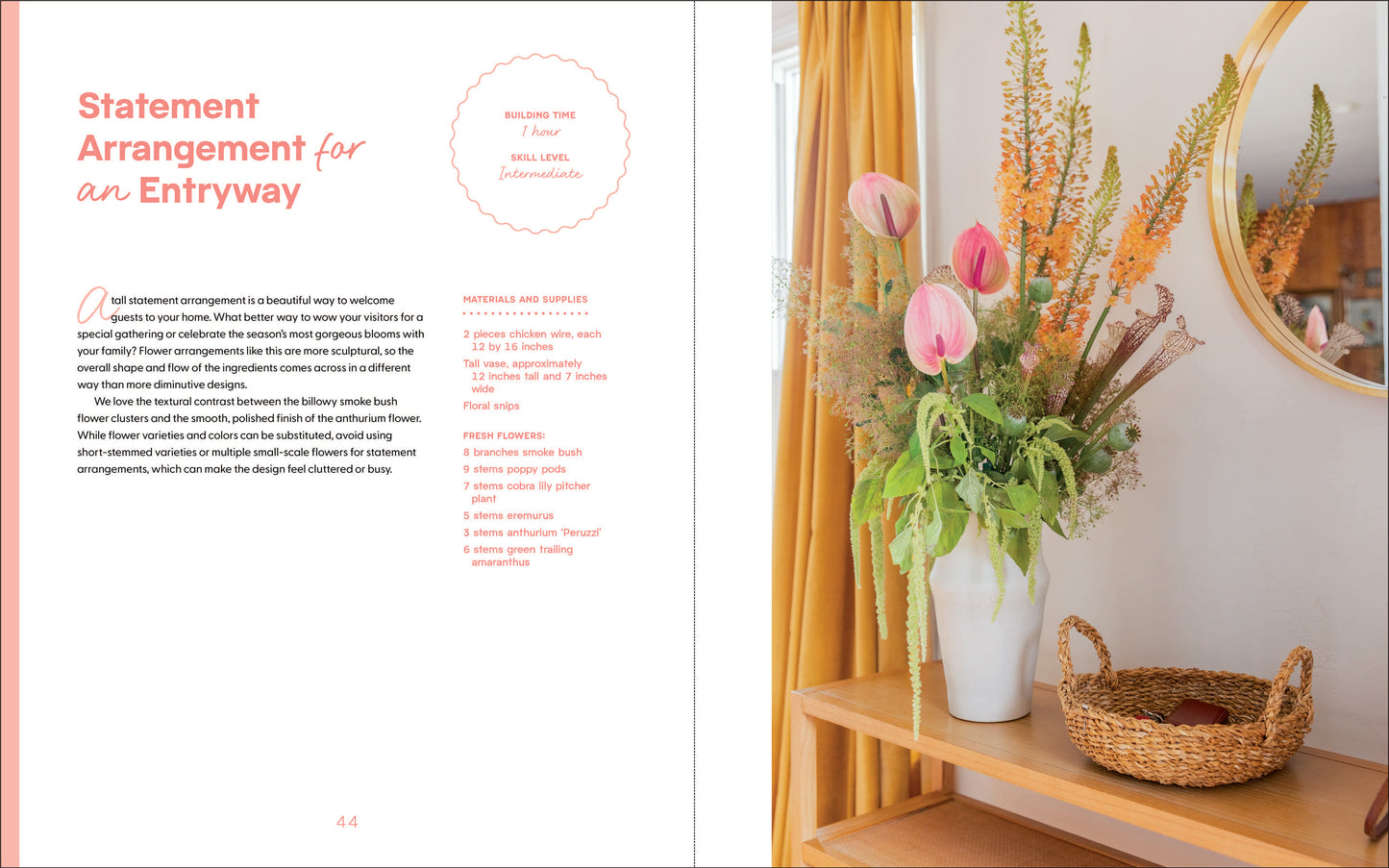 Book page with text on statement arrangement for an entryway, featuring a floral arrangement and basket on a shelf.