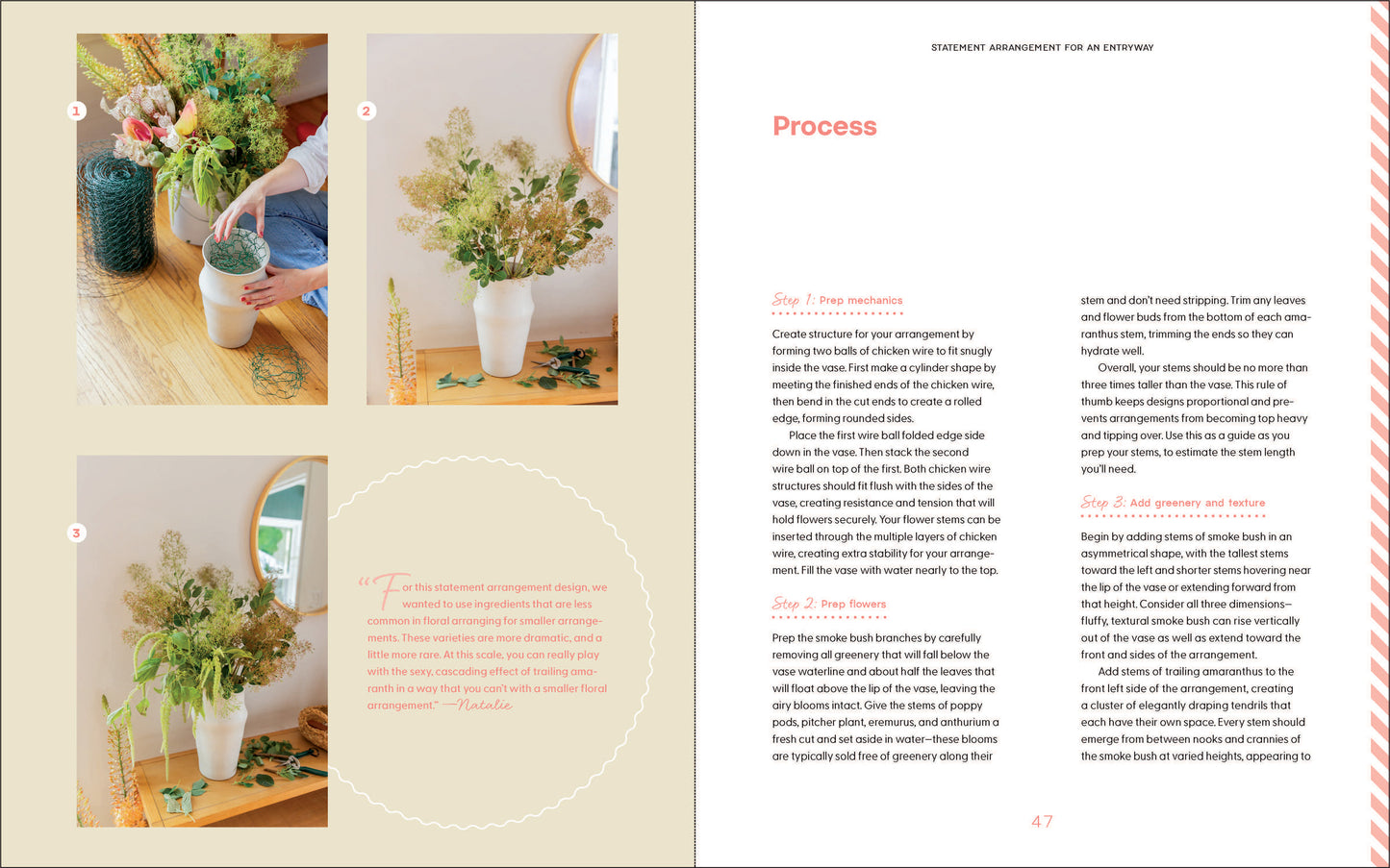 Book open to a page with plant arrangement instructions and images of plants on a table.
