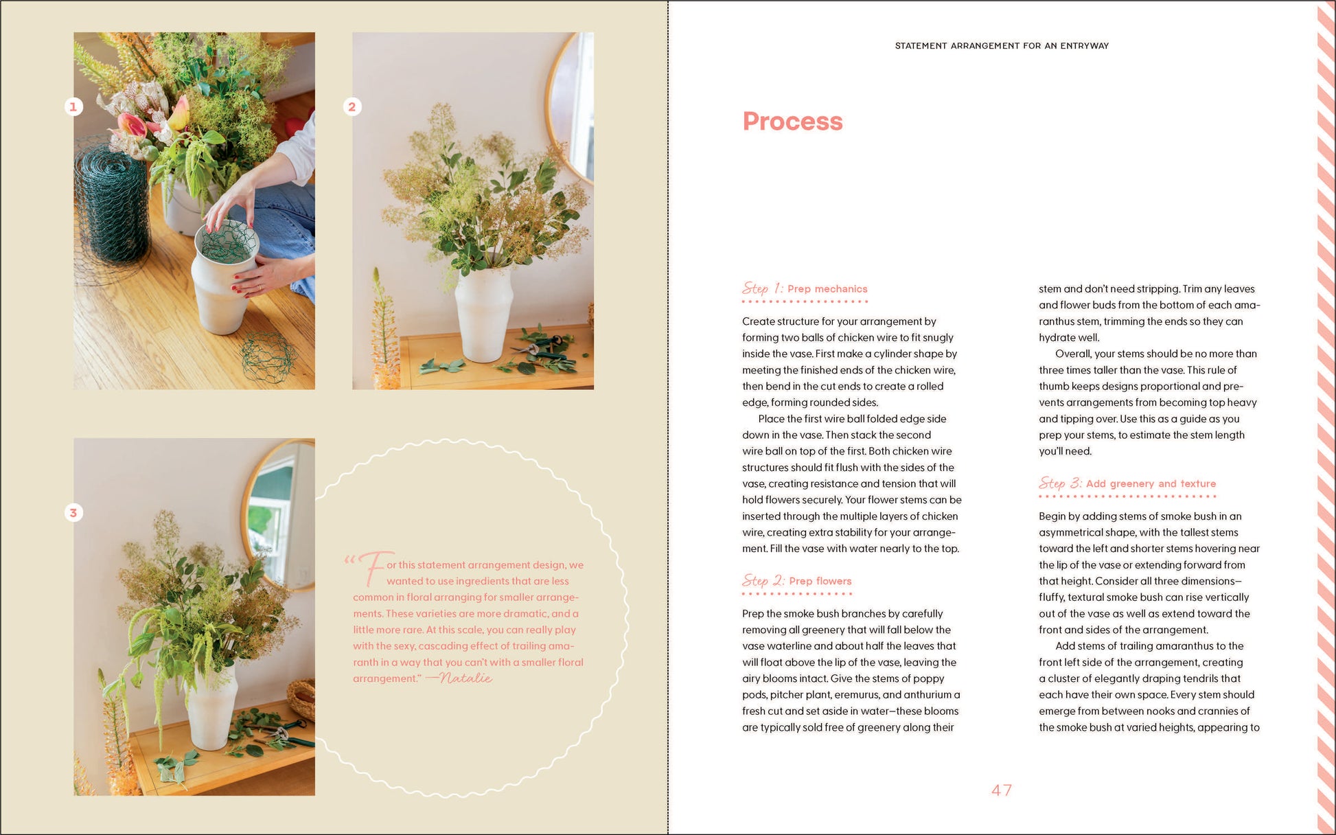 Book open to a page with plant arrangement instructions and images of plants on a table.