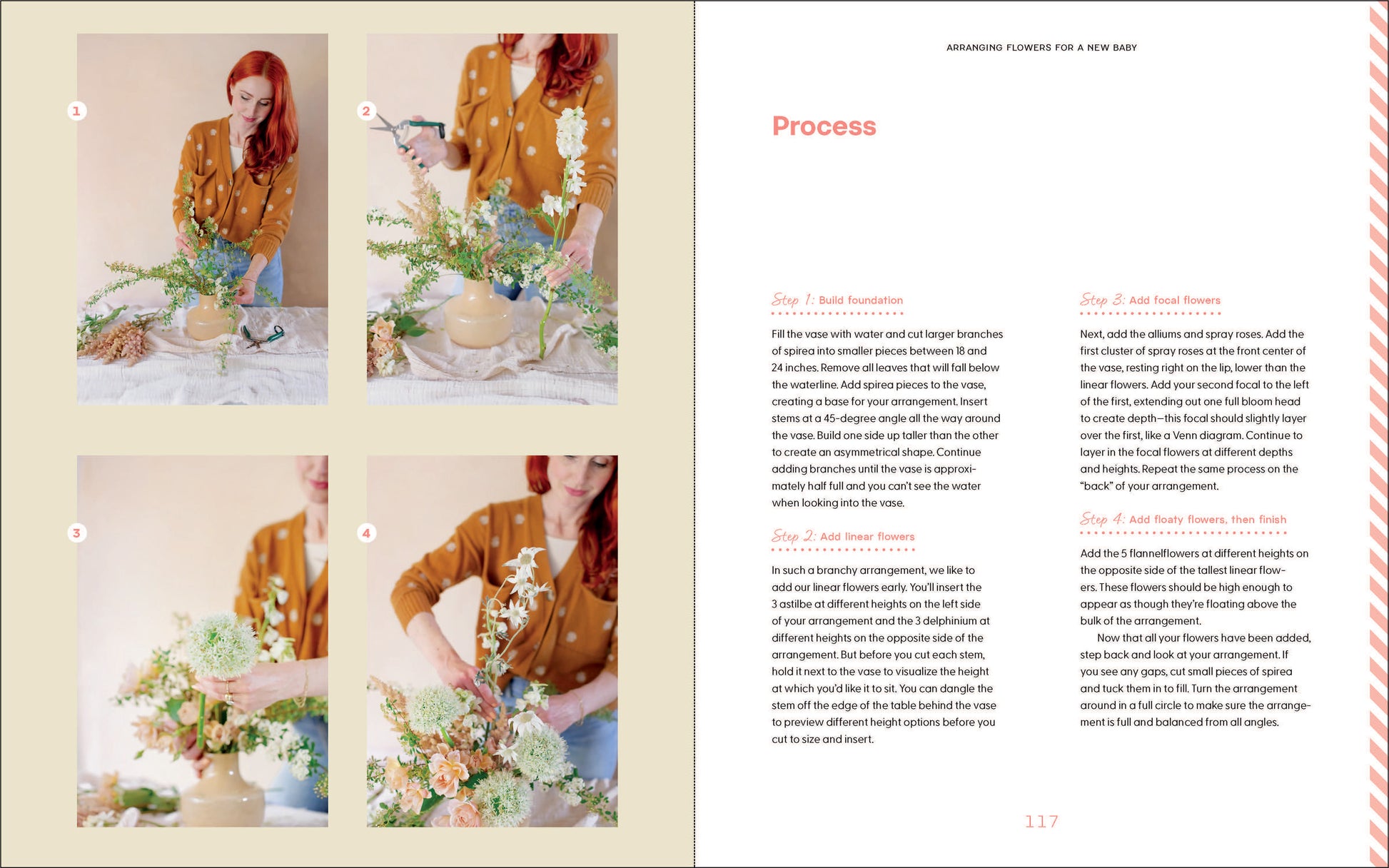Step-by-step guide with images of author Meg Blancato arranging flowers and text on a yellow background.
