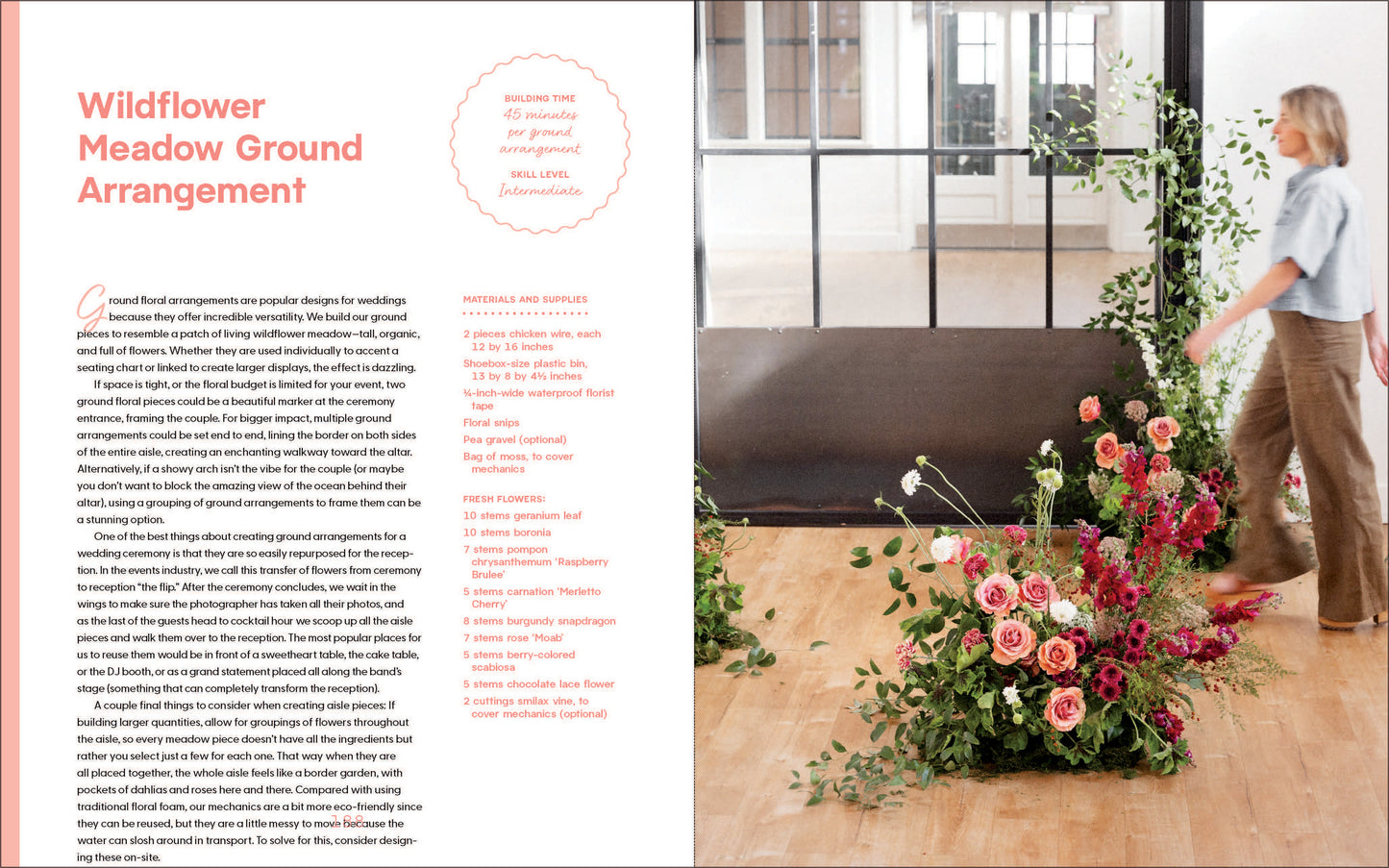 Floral arrangement in a modern living room with text on wildflower meadow ground arrangements.