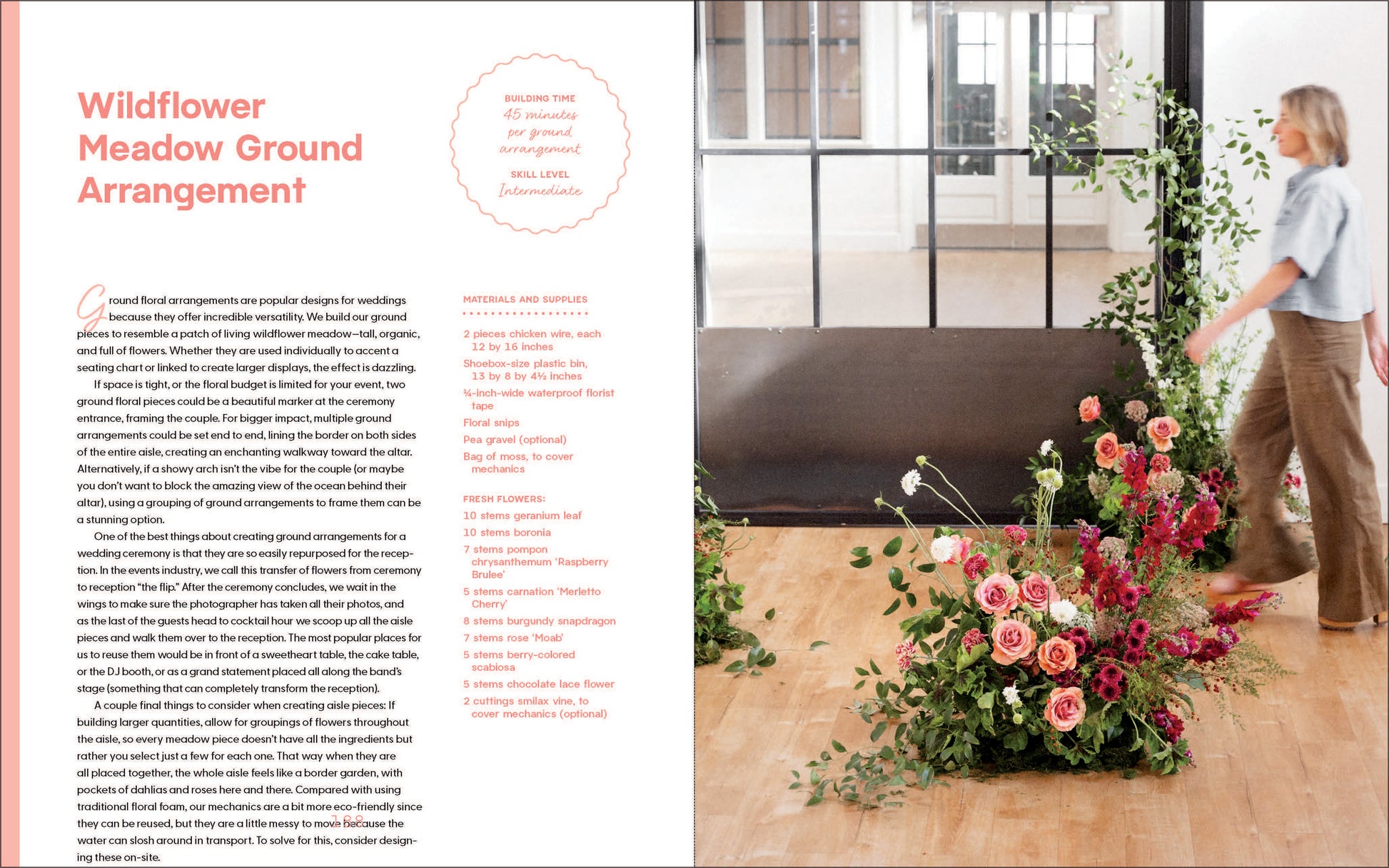 Floral arrangement in a modern living room with text on wildflower meadow ground arrangements.