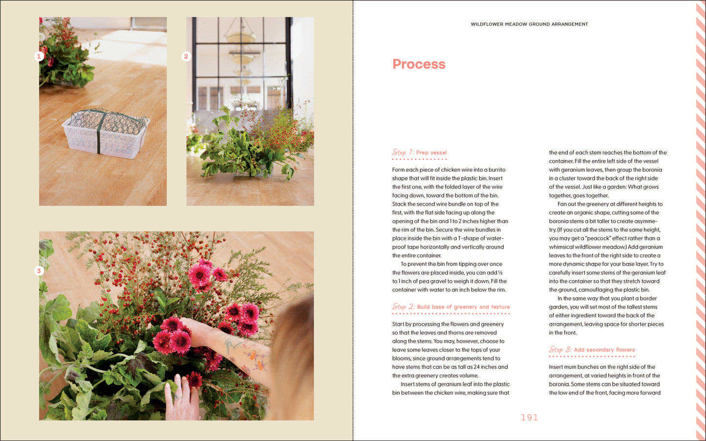Book page with images of plants and a person gardening, alongside text on a light background.