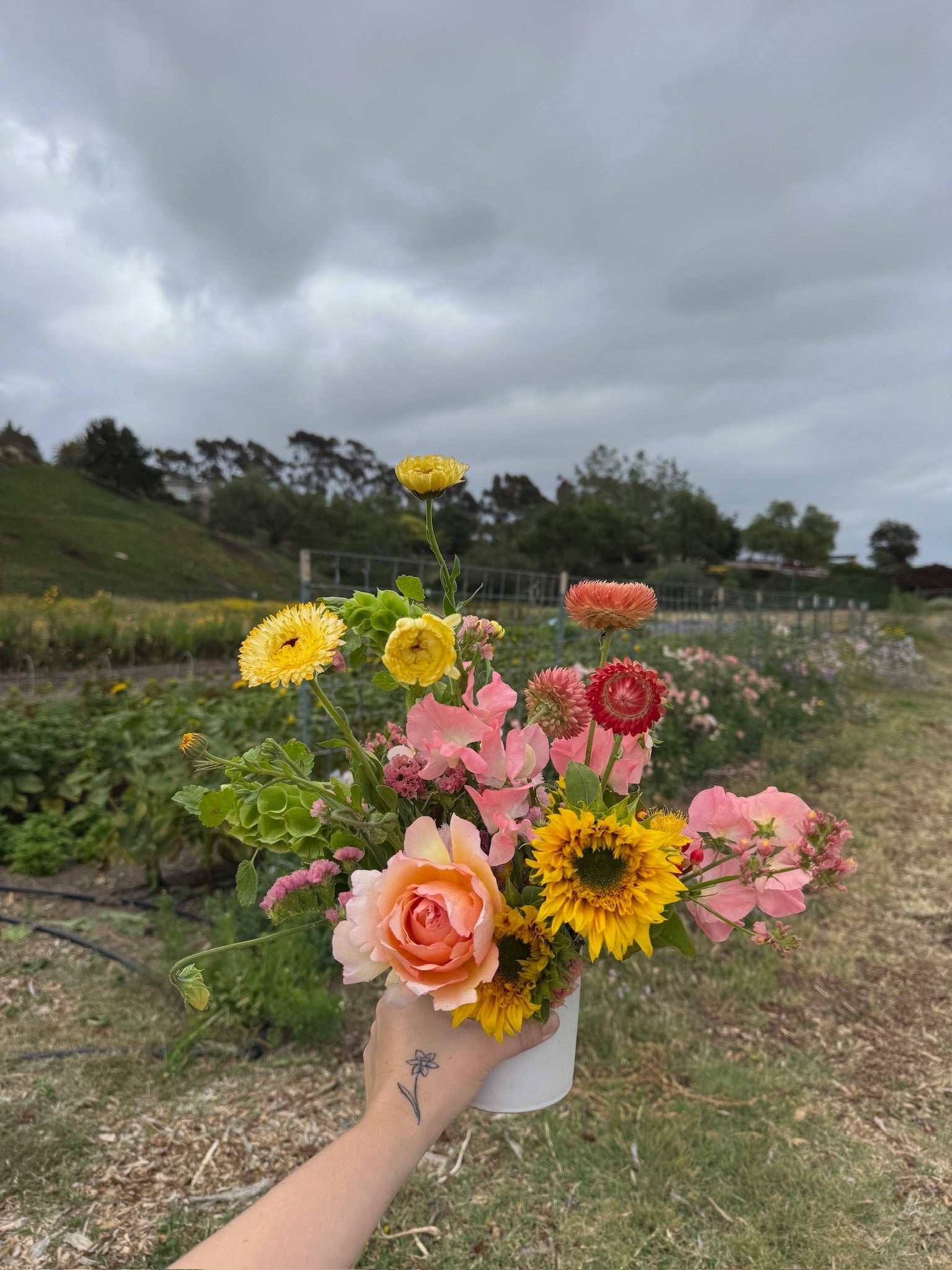 Flower arrangement held in front of a field at Beeworthy Farms with a cloudy sky
