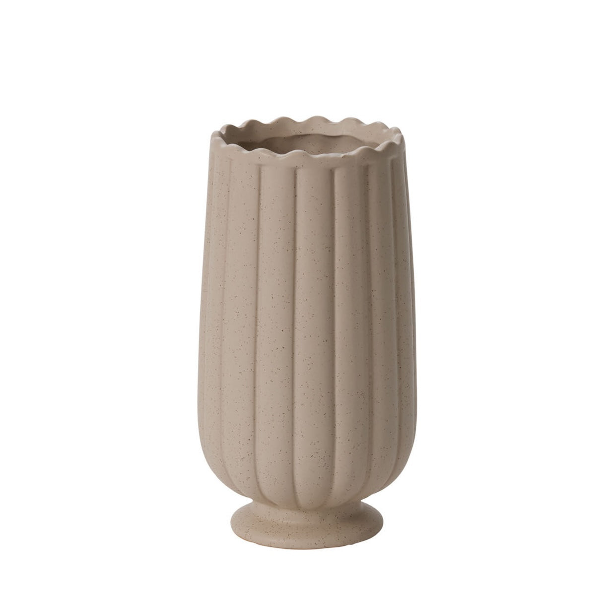 Beige ceramic vase with textured design on a white background