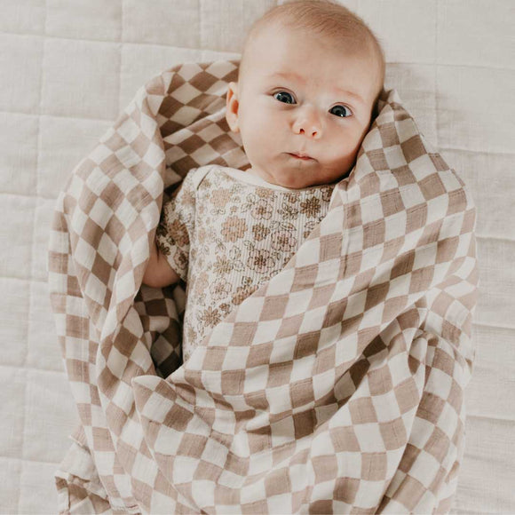 Bamboo Muslin Swaddle Blanket - Beige Checkers