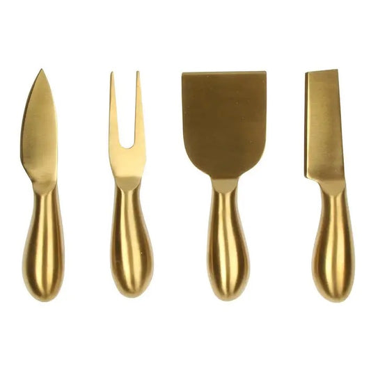 Bring a little golden glow to your next cheese board. This set of four brushed gold cheese knives combines simple, sculptural shapes with a warm metallic finish that instantly dresses up a spread. 