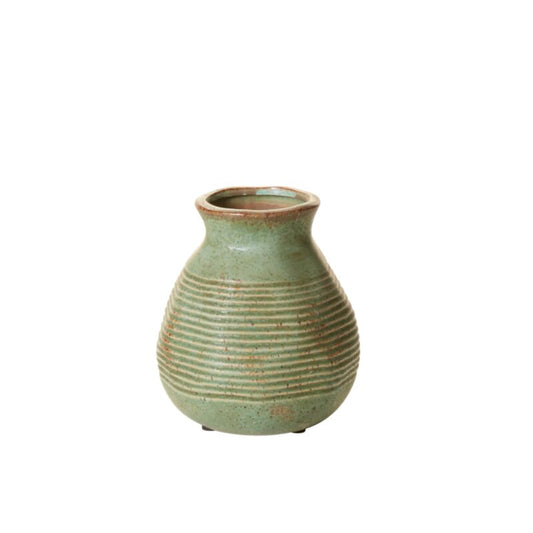 Like unearthed pottery or an heirloom passed down for generations, the small, lightweight Caleta Vase offers an old-world feel with its cast ceramic material, organic sculptural shape &amp; flared neck, etched ridging &amp; reactive green glaze that creates an aged color variation. Fill with colorful florals or a dried bouquet for a stunning centerpiece.