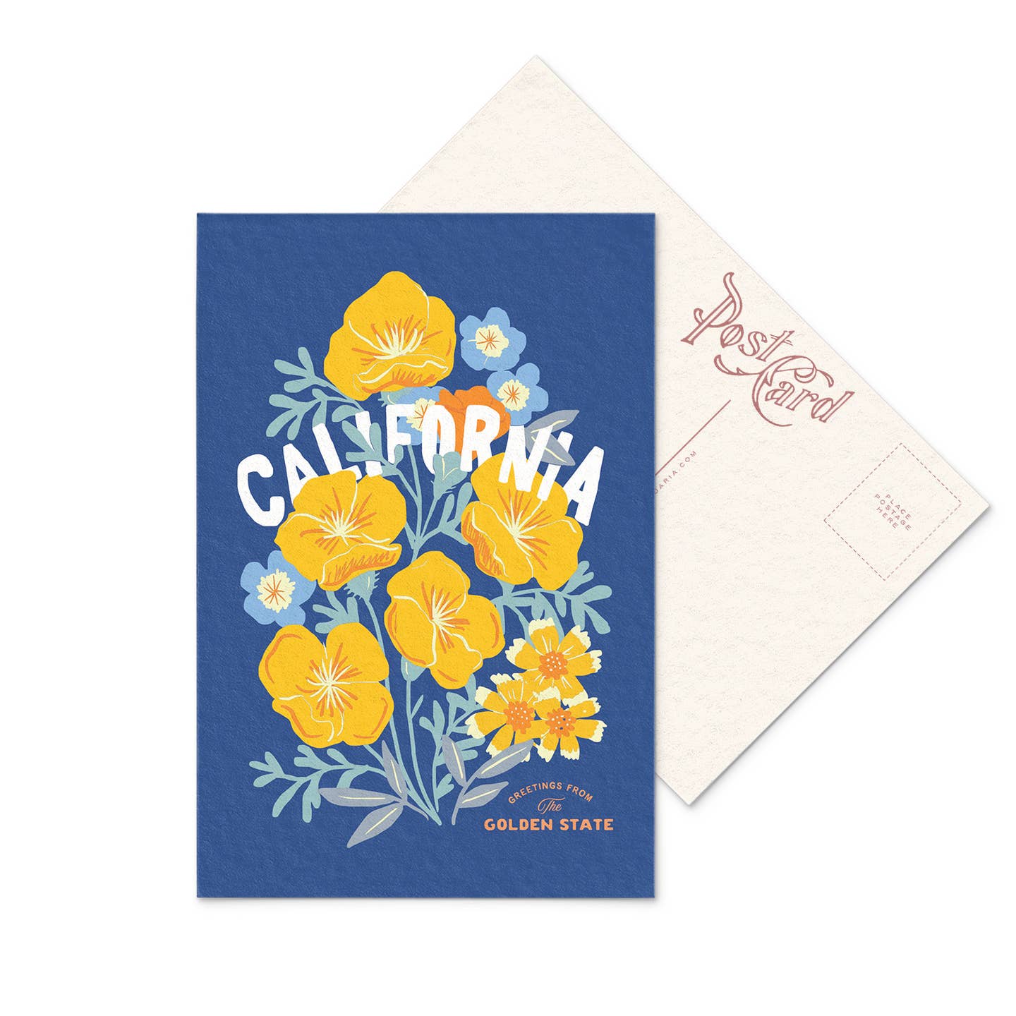Postcard with yellow flowers and 'California' text on a blue background