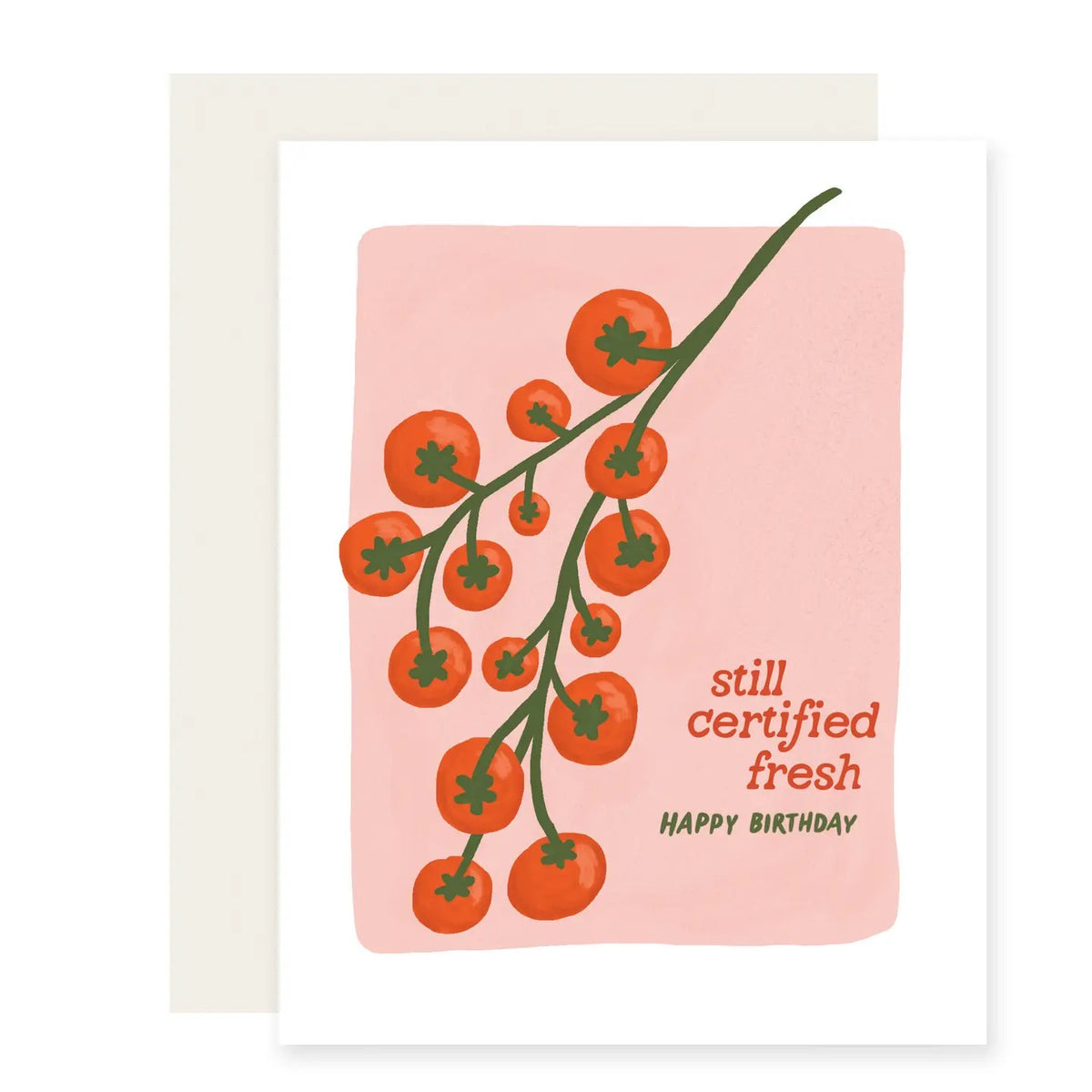 A playful birthday card for anyone who’s still certified fresh. Featuring juicy red tomatoes on the vine against a soft pink backdrop, it’s a fun and cheeky way to celebrate another trip around the sun.
