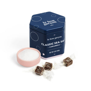 Blue tin of Classic Sea Salt Caramels from Le Bon Garçon