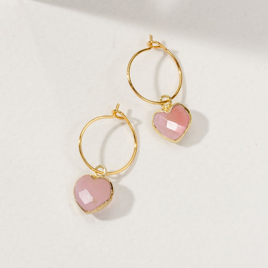 Pink opal faceted heart charms on mini gold earring hoops