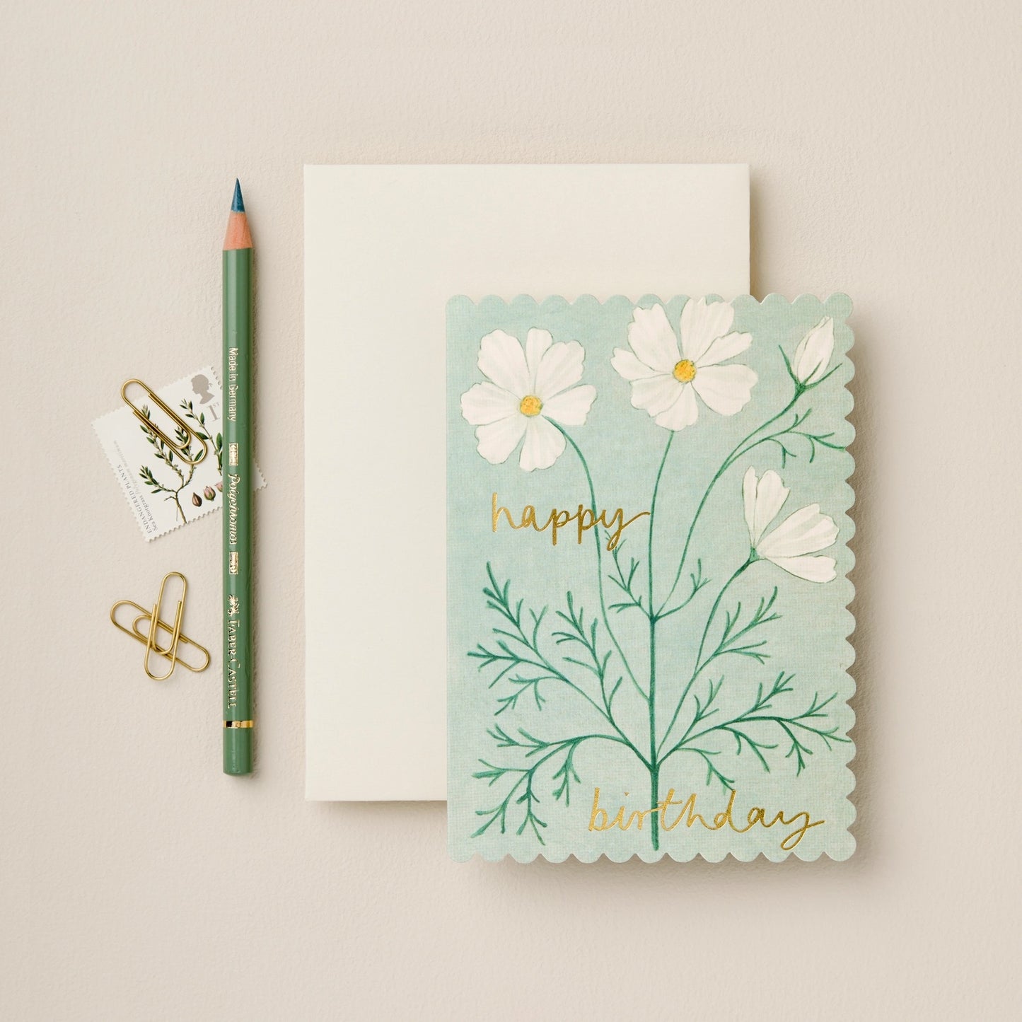 We were inspired by the magical gardens at Gravetye to create this series of greetings cards. This design features Cosmos 'Purity', a beautiful white flower with ethereal leaves which are dotted amongst the flowerbeds at Gravetye.