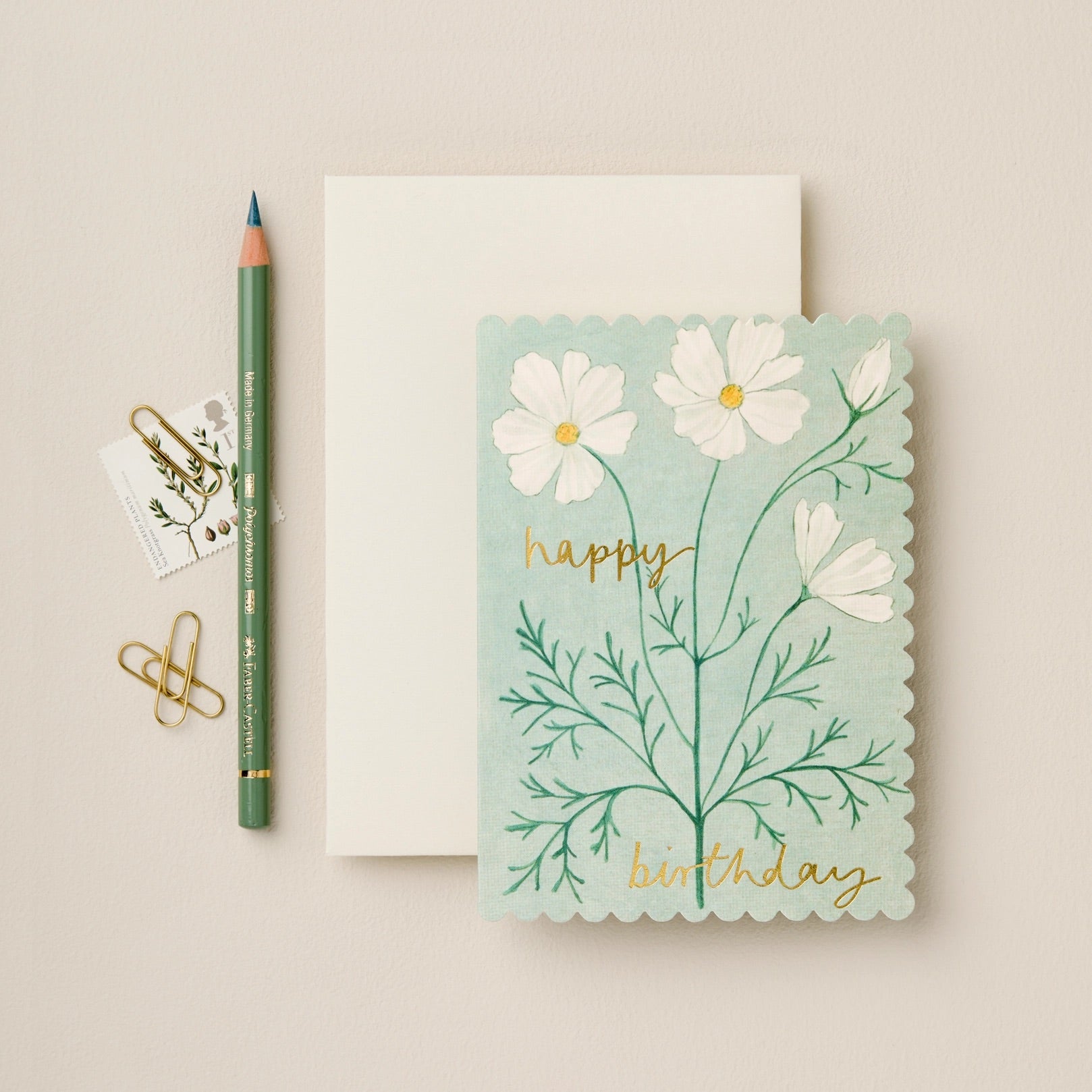 We were inspired by the magical gardens at Gravetye to create this series of greetings cards. This design features Cosmos 'Purity', a beautiful white flower with ethereal leaves which are dotted amongst the flowerbeds at Gravetye.