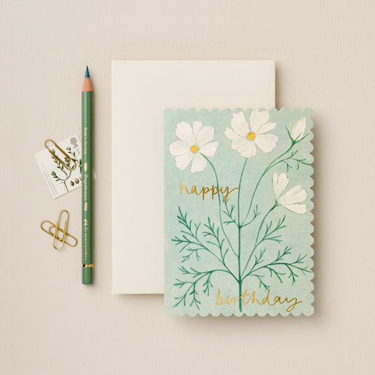 We were inspired by the magical gardens at Gravetye to create this series of greetings cards. This design features Cosmos 'Purity', a beautiful white flower with ethereal leaves which are dotted amongst the flowerbeds at Gravetye.