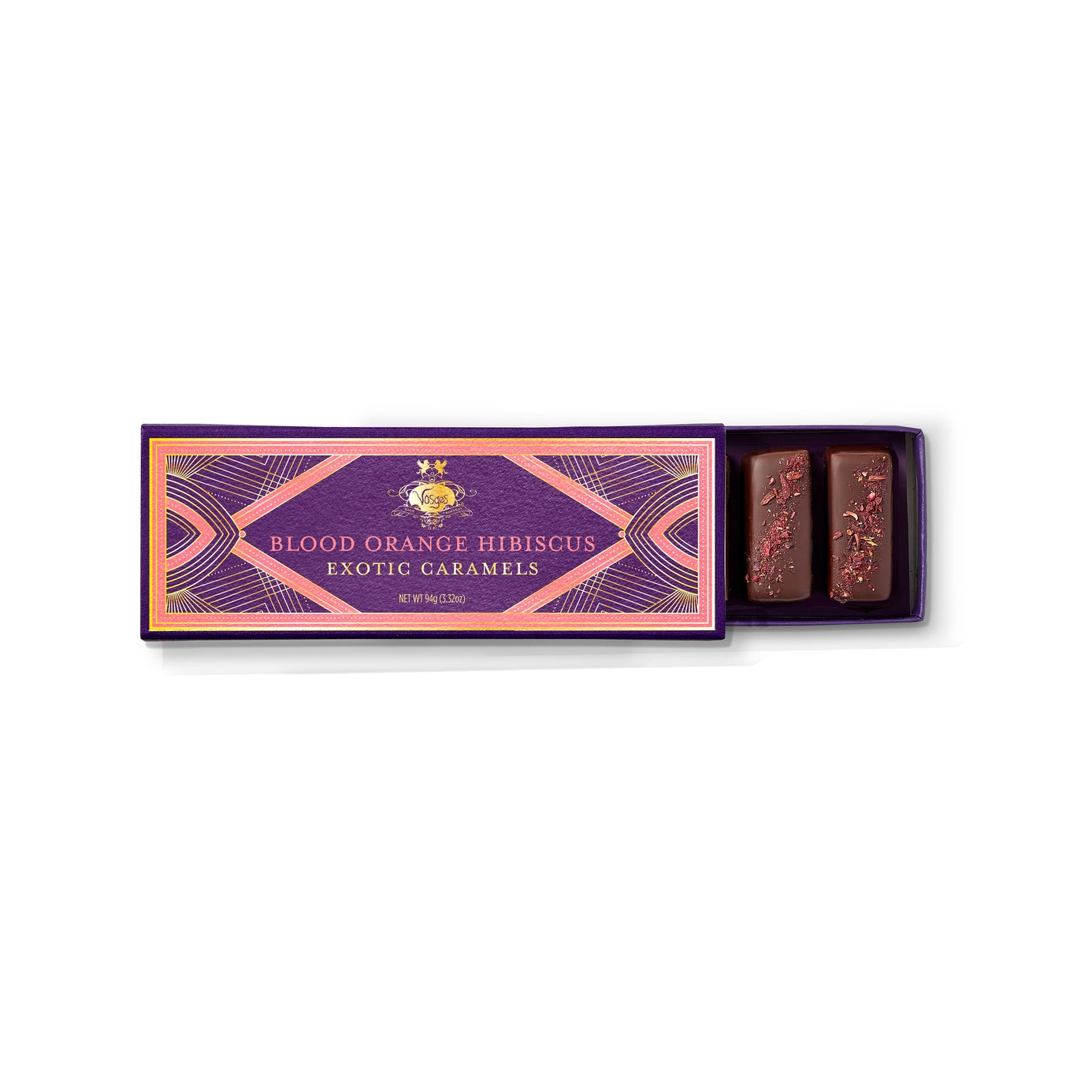 Blood Orange Hibiscus Gourmet Caramels in a purple box