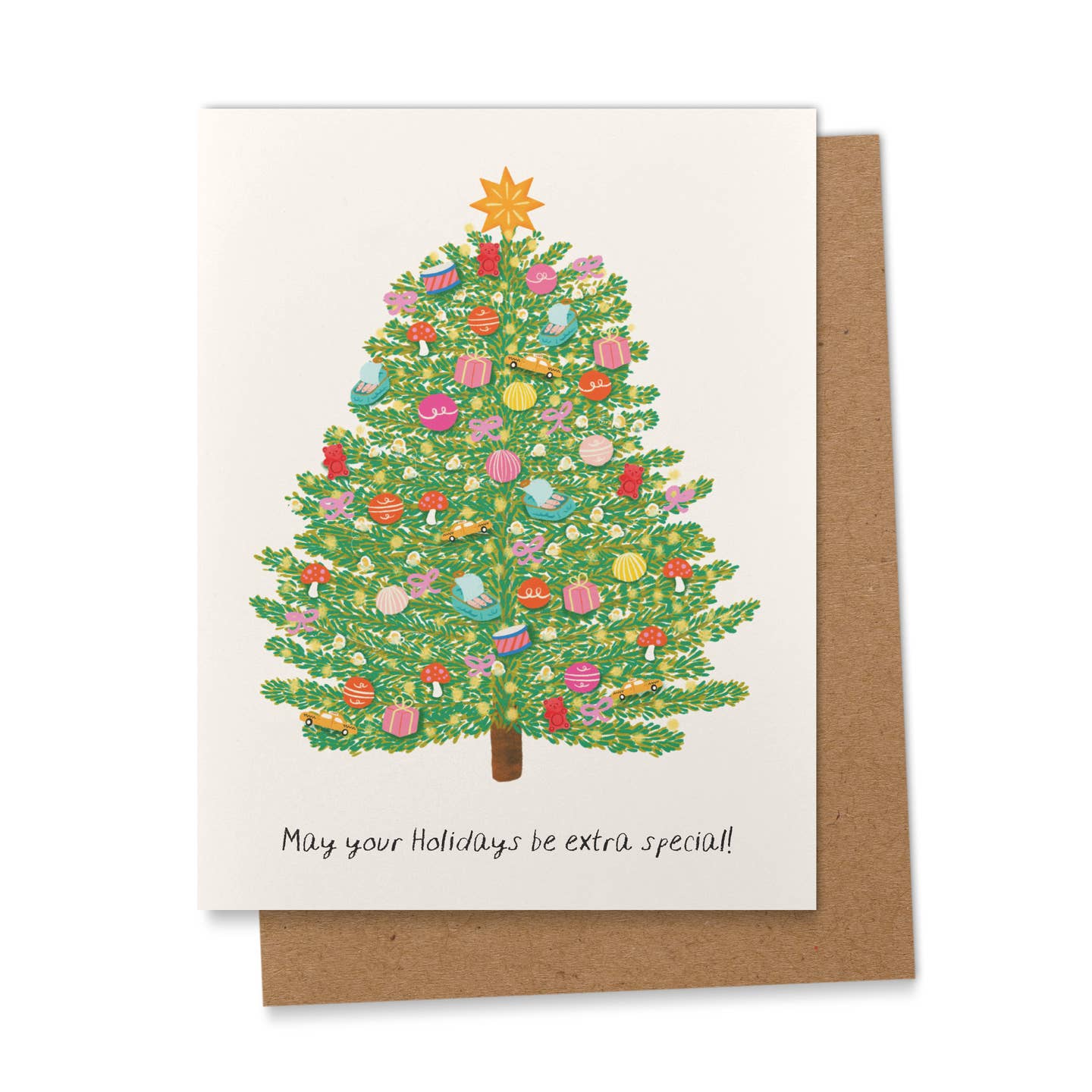 Greeting card with a decorated Christmas tree and 'May your holidays be extra special!' text on a white background.