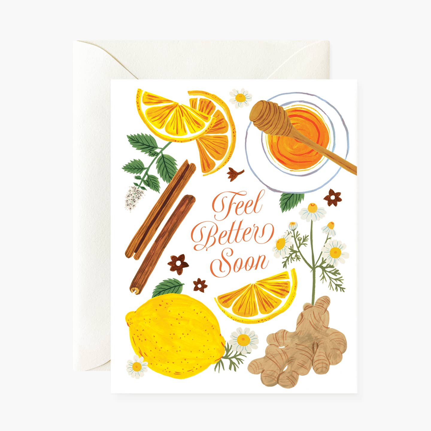 Greeting card with 'Feel Better Soon' text, lemon slices, honey, cinnamon sticks, and ginger on a white background.