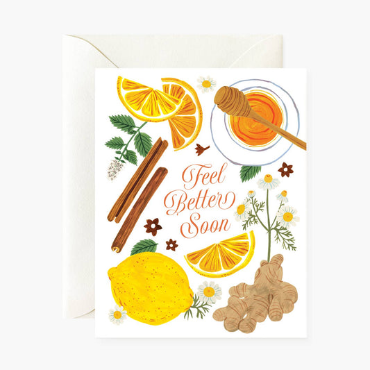 Greeting card with 'Feel Better Soon' text, lemon slices, honey, cinnamon sticks, and ginger on a white background.