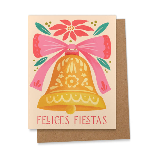 Greeting card with decorative bell and pink bow on a beige background with the text "Felices Fiestas"