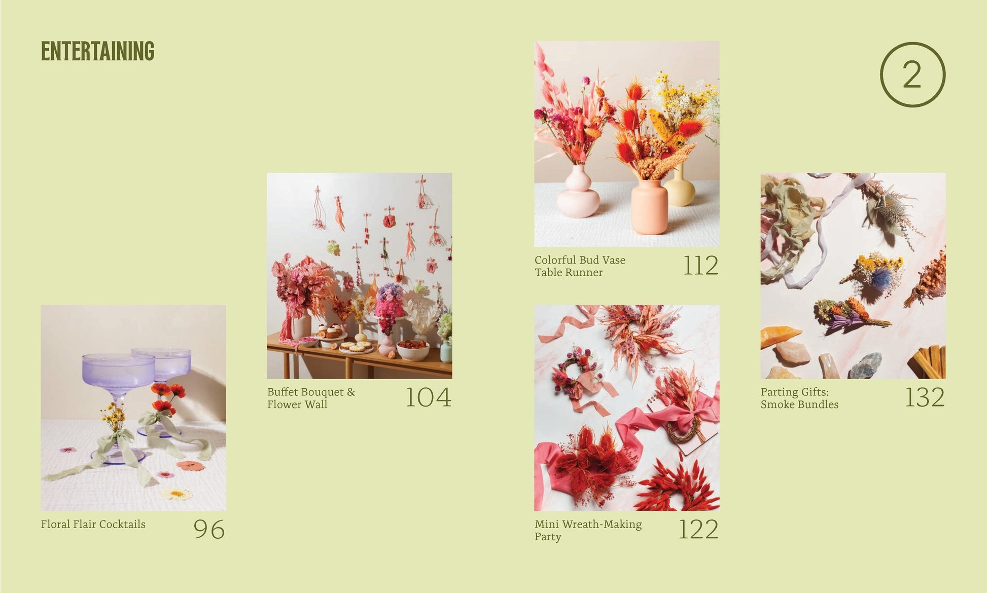 Pages from a book featuring floral arrangements projects on a light green background.