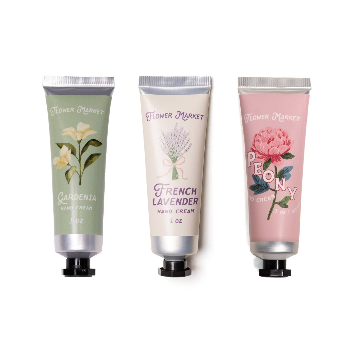 Three floral-themed hand cream tubes with labels on a white background