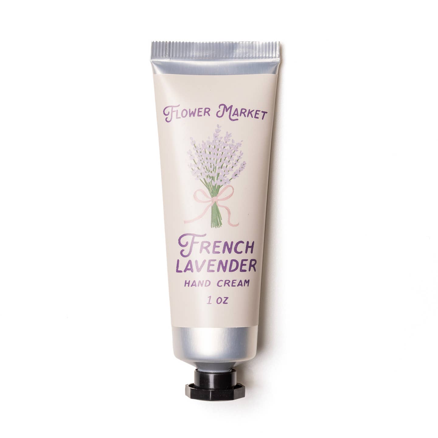 Hand cream tube labeled 'French Lavender' from 'Flower Market' on a white background
