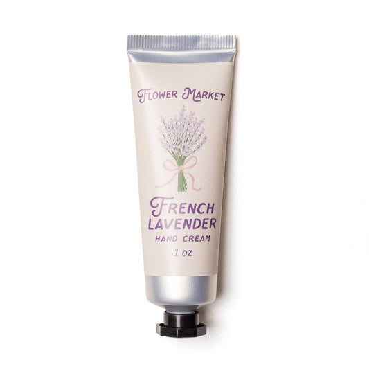 Hand cream tube labeled 'French Lavender' from 'Flower Market' on a white background