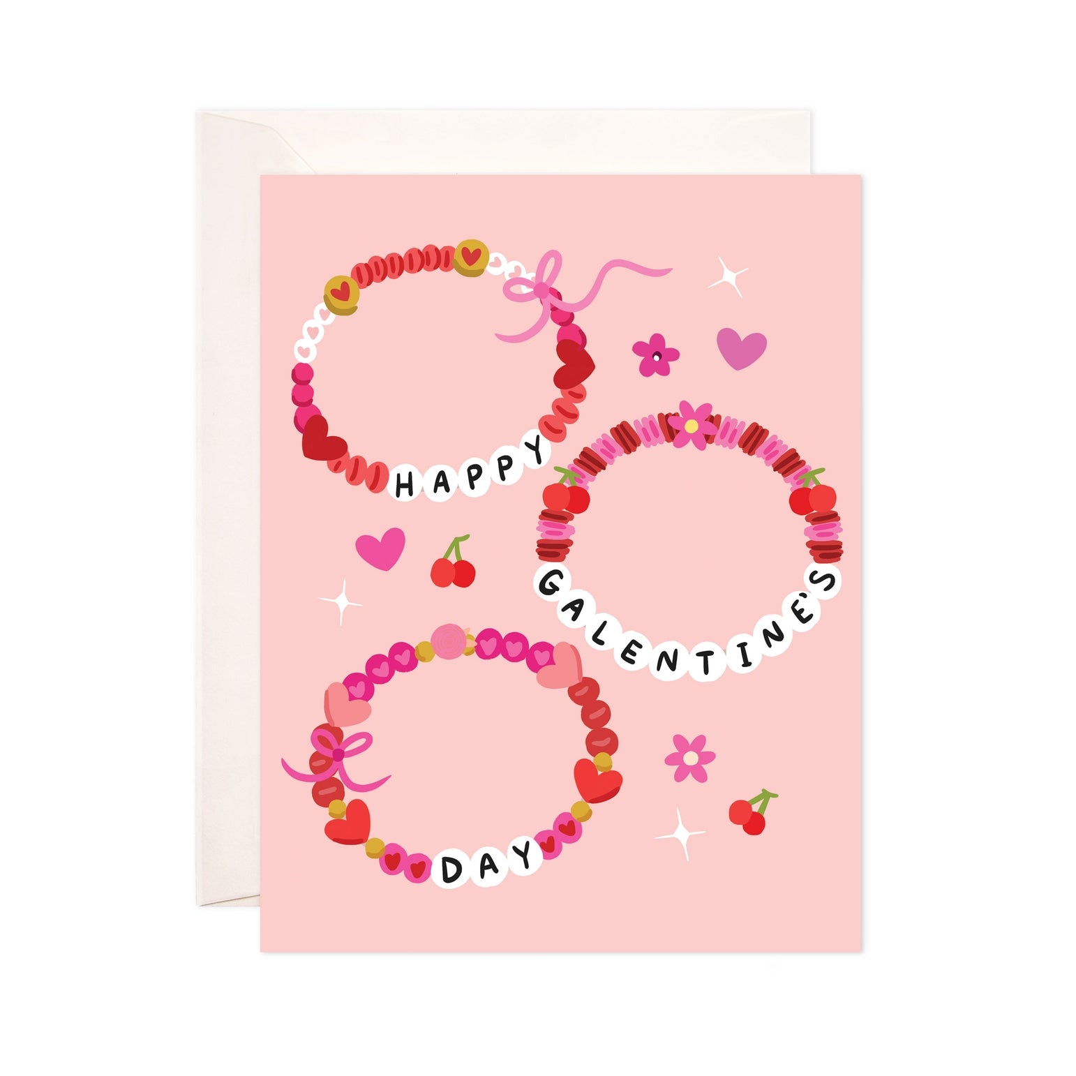 Valentine's Day card with hearts and decorative text on a pink background
