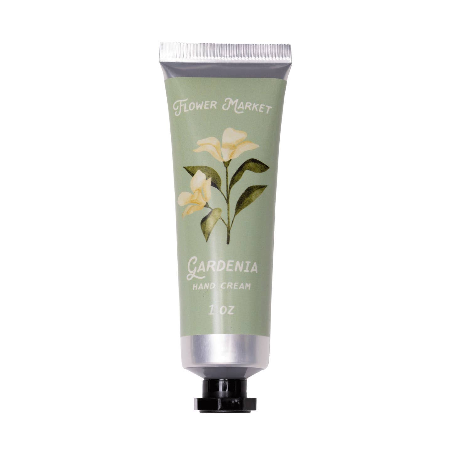 Hand cream tube labeled 'Gardenia' from 'Flower Market' on a white background