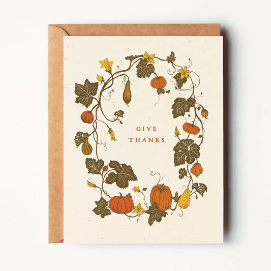 A simple reminder to give thanks, framed by winding pumpkin and gourd vines in soft, earthy fall tones. A sweet seasonal card for sharing gratitude with someone special this Thanksgiving.