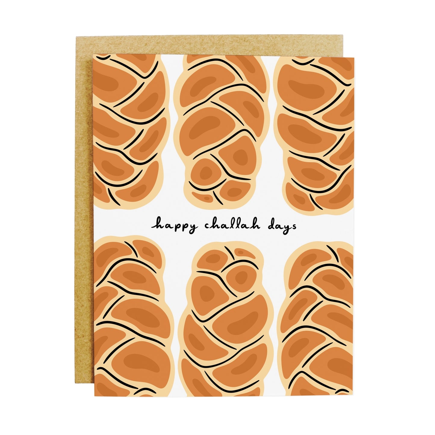 Card with challah bread illustrations and 'happy challah days' text on a white background