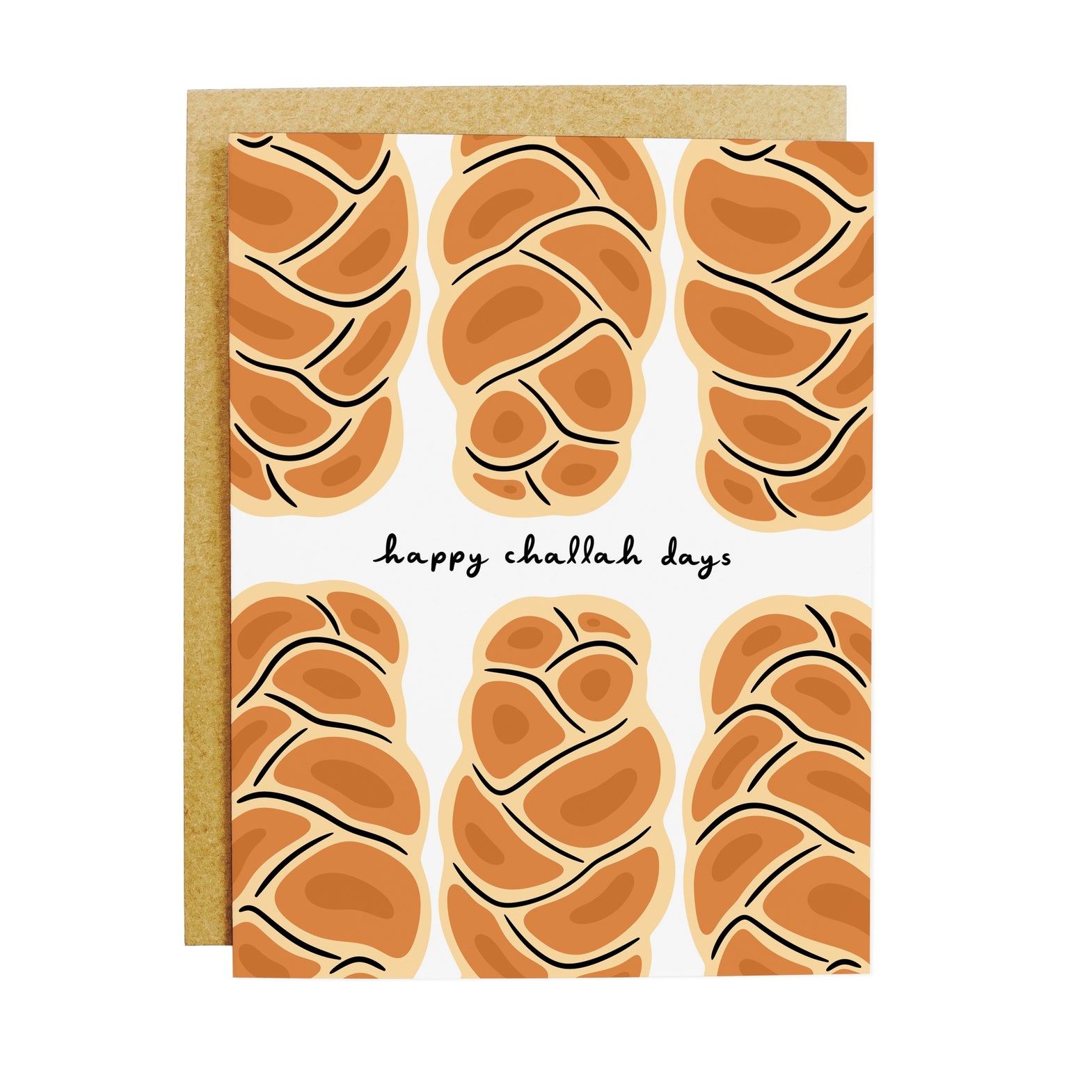 Card with challah bread illustrations and 'happy challah days' text on a white background