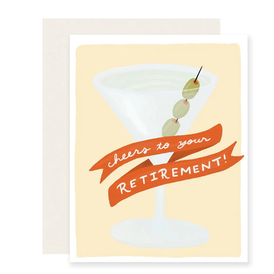 Cheers to the next chapter! A playful retirement card featuring a classic martini and olives, perfect for celebrating more time to relax, unwind, and enjoy the good stuff.