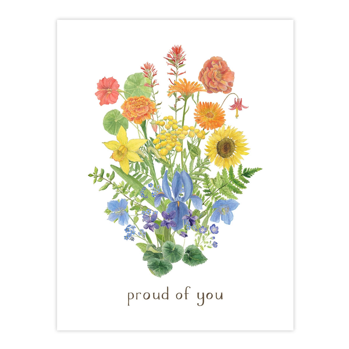 Colorful bouquet of flowers with 'proud of you' text on a white background