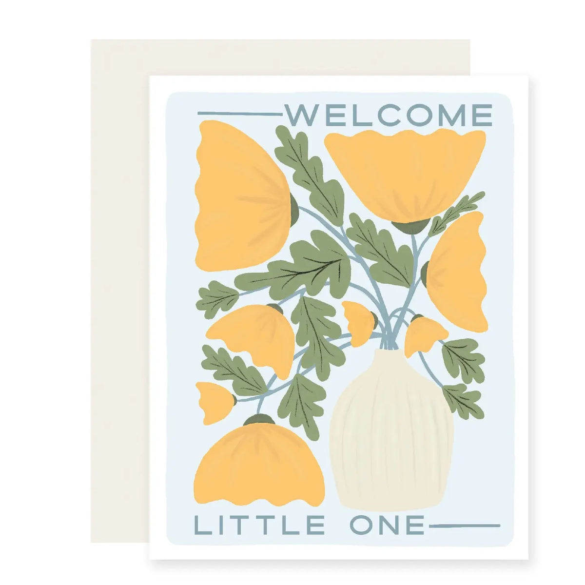 A sweet, modern welcome-baby card with cheerful poppies, soft sage greens, and a warm golden palette. It feels fresh and gender-neutral, with just the right balance of playful and polished.