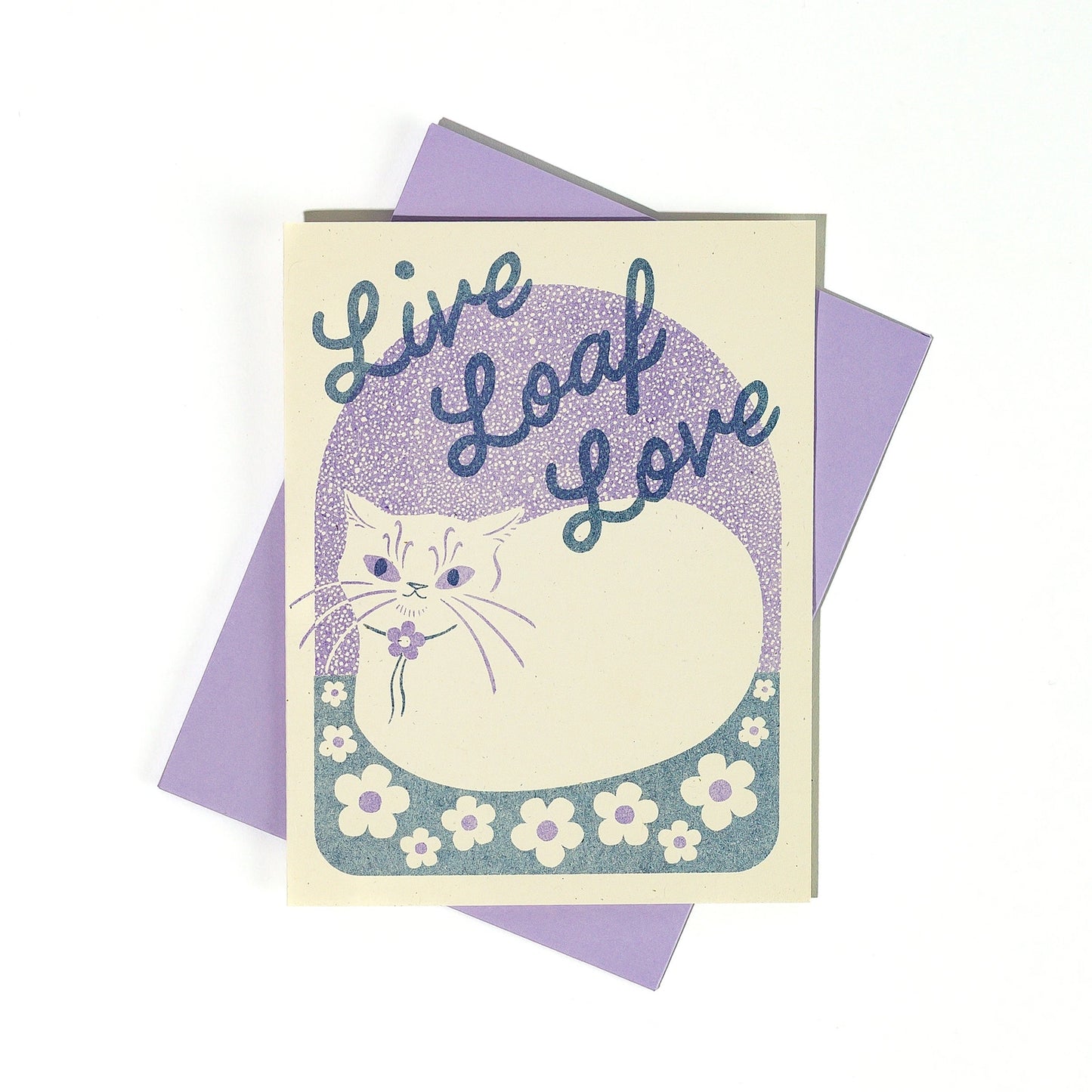 Card with a cat illustration and 'Live Loaf Love' text on a purple background
