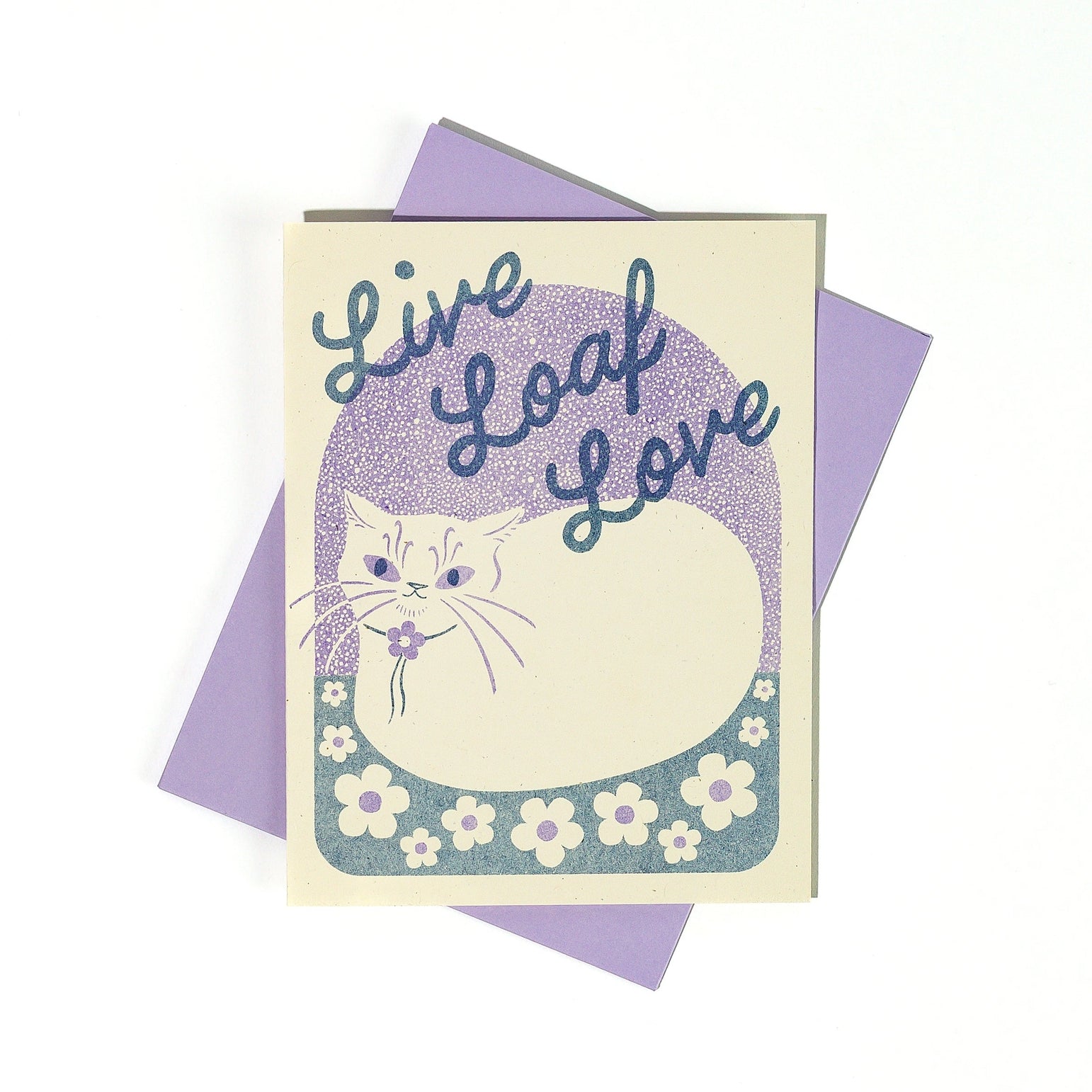 Card with a cat illustration and 'Live Loaf Love' text on a purple background