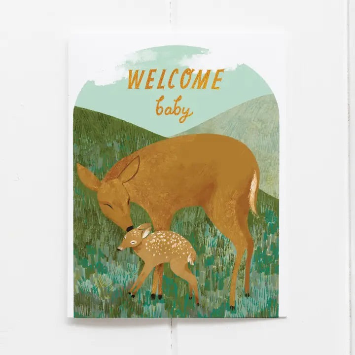 A sweet little welcome for a brand-new arrival. Featuring a mama deer and fawn tucked into a softly illustrated woodland scene, this card feels warm, tender, and just a little nostalgic. 
