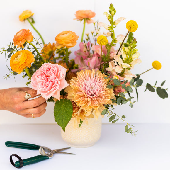 Bright and cheery flower arrangement for Mar. 16, 2024 - Flower Arranging 101 Workshop