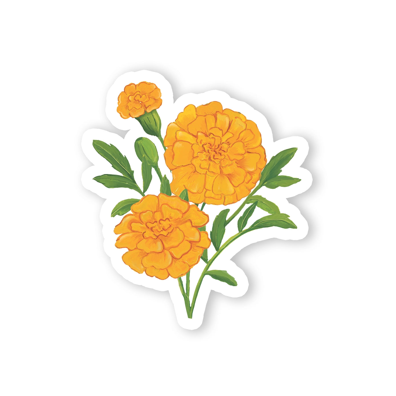 Sticker with orange flowers and green leaves on a white background