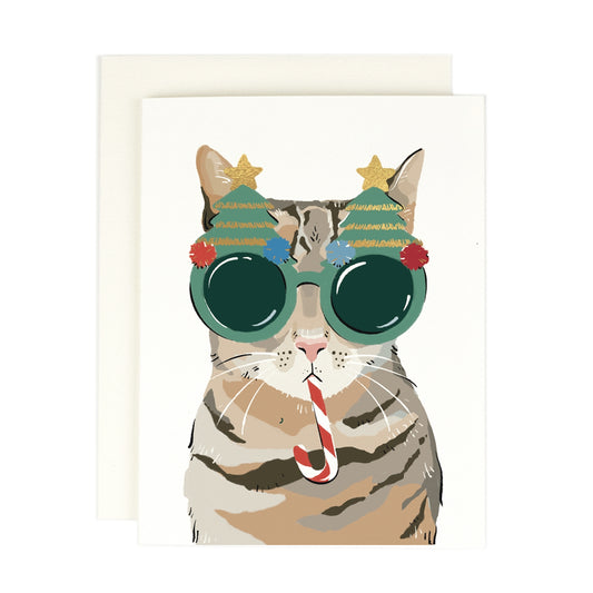 Greeting card with a cat wearing christmas tree sunglasses on a white background