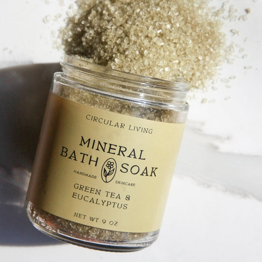 Jar of Mineral Bath Soak with 'Circular Living' label on a white background