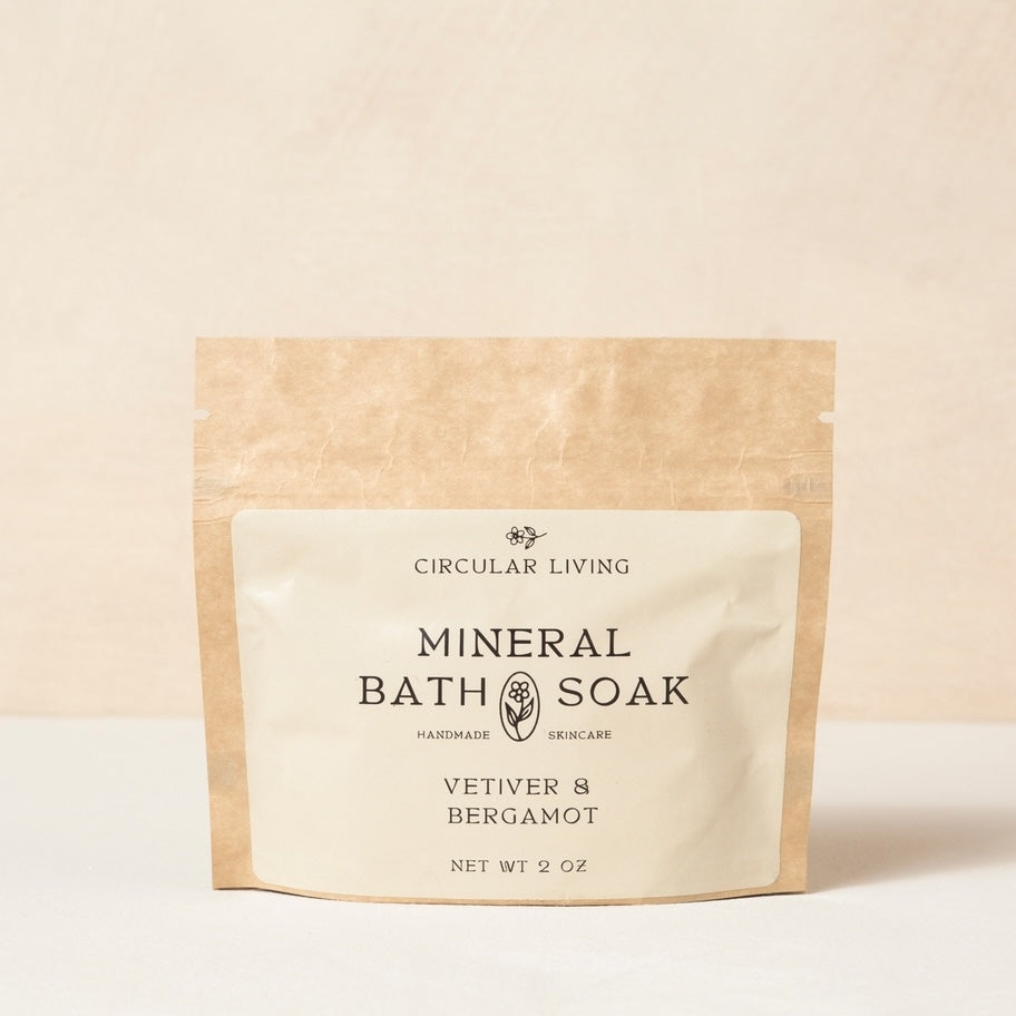Mineral bath soak package with 'Circular Living' branding on a beige background