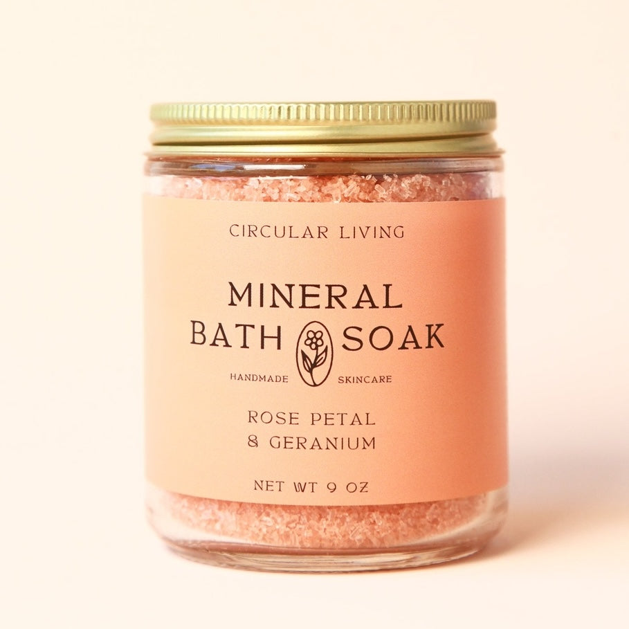 Jar of Mineral Bath Soak with 'Circular Living' label on a light background