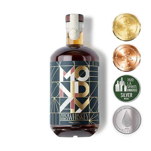 Monday Non-Alcoholic Whiskey bottle with awards on a white background