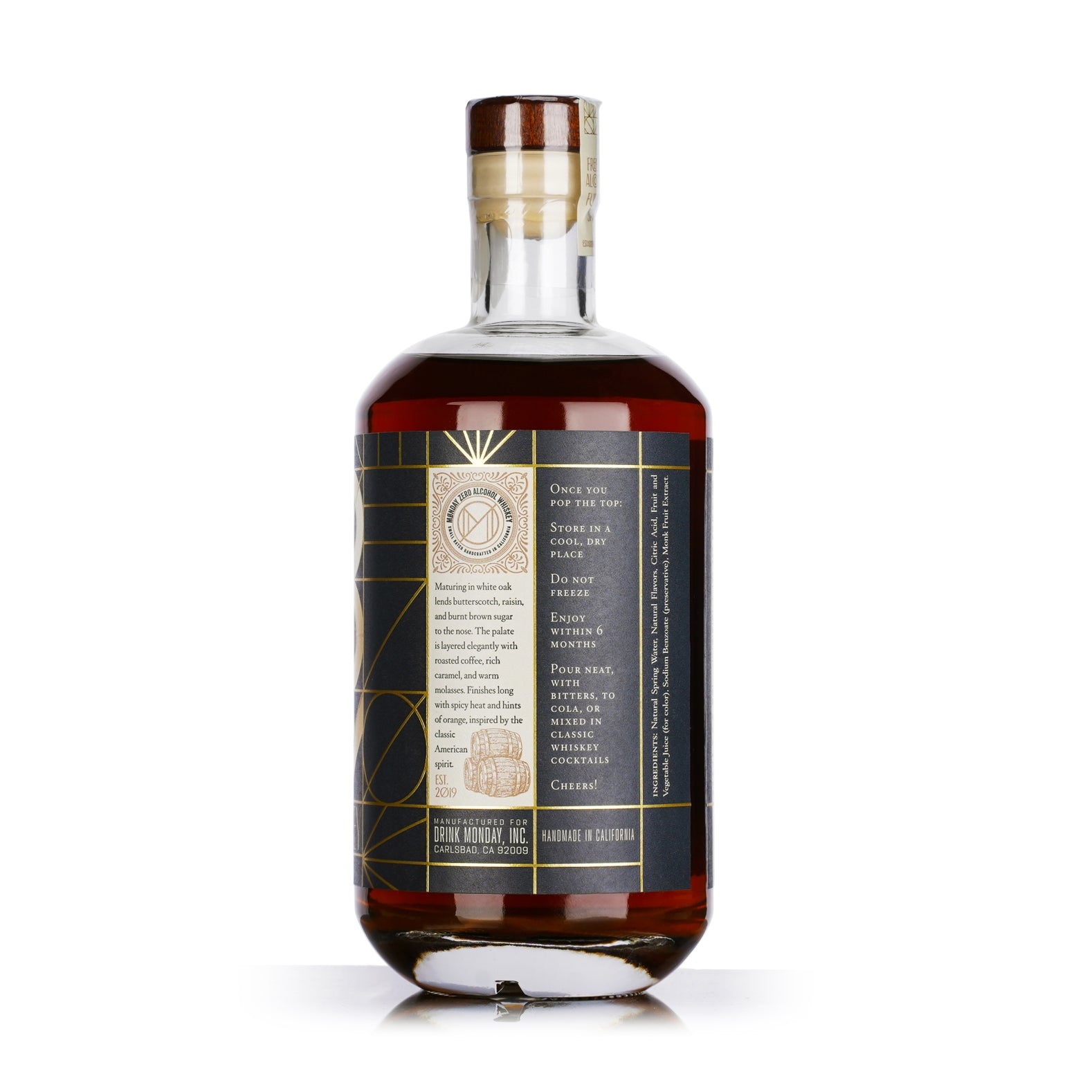 Bottle of NA whiskey with a detailed label on a white background