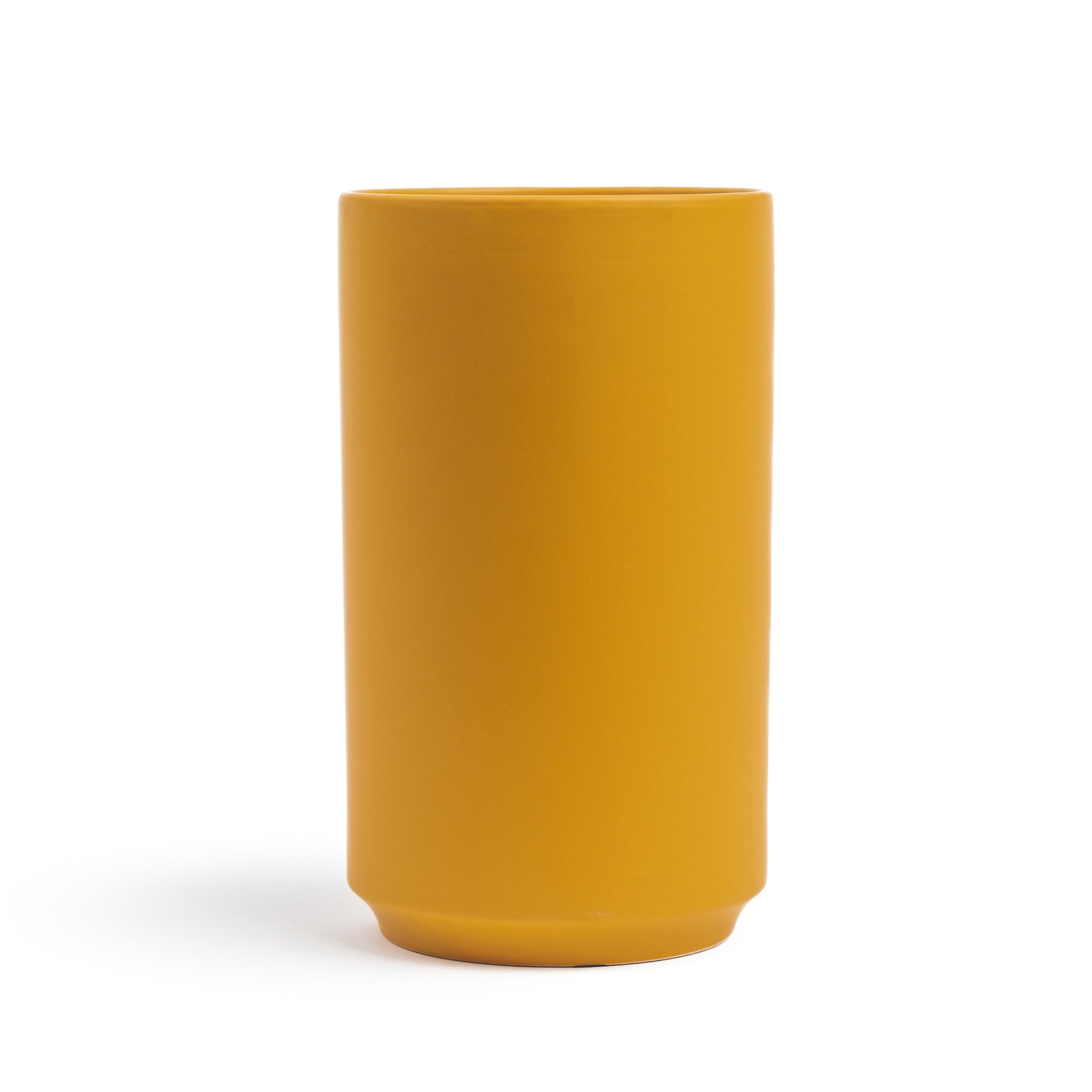 Yellow ceramic cylinder vase on a white background