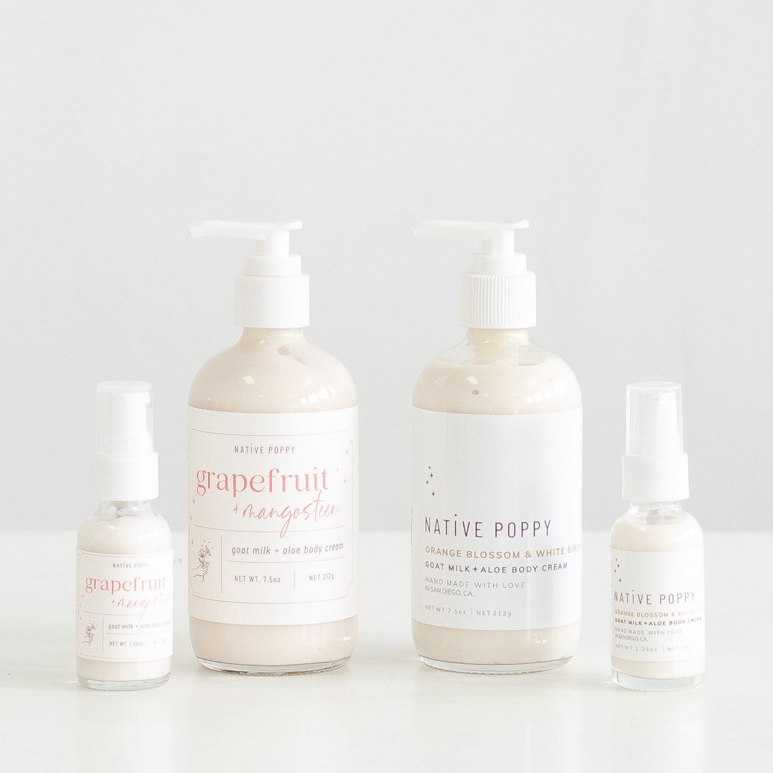 Native Poppy Body Creams - Grapefruit + Mangosteen and Orange Blossom scents in white pump bottles